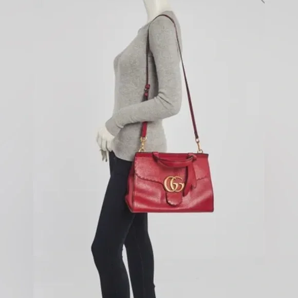 Gucci Calfskin Small GG Marmont Top Handle Bag in Vulcanic Red - Picture 5 of 16